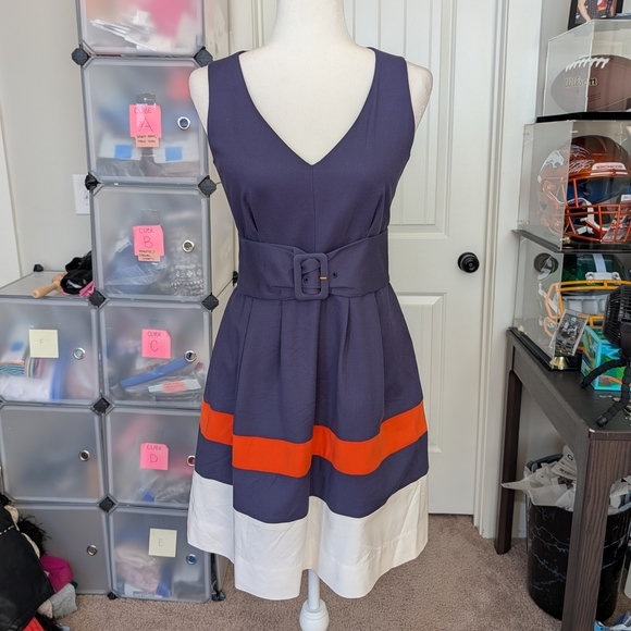 Kate Spade Navy Blue Orange Sawyer Belted Cotton Blend Fit & Flare Dress Size 4 - Picture 3 of 12